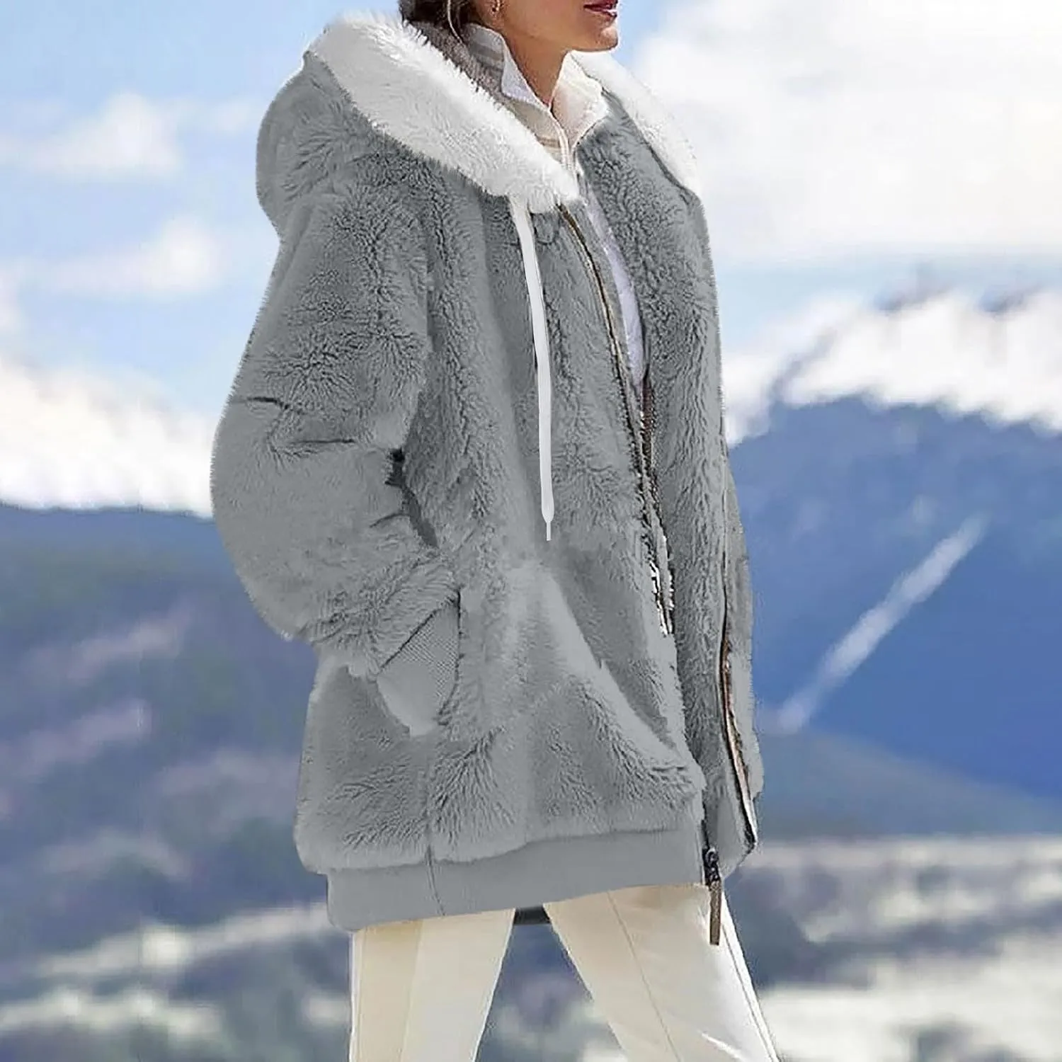 Womens Oversized Fleece Hoodie Sherpa Jacket Full Zip Up Fuzzy Hooded Coats Shaggy Warm Winter Outerwear with Pockets