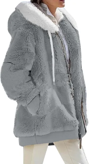 Womens Oversized Fleece Hoodie Sherpa Jacket Full Zip Up Fuzzy Hooded Coats Shaggy Warm Winter Outerwear with Pockets