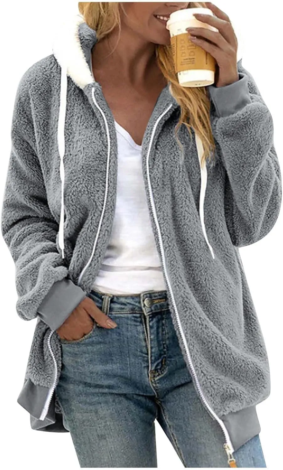 Womens Oversized Fleece Hoodie Sherpa Jacket Full Zip Up Fuzzy Hooded Coats Shaggy Warm Winter Outerwear with Pockets