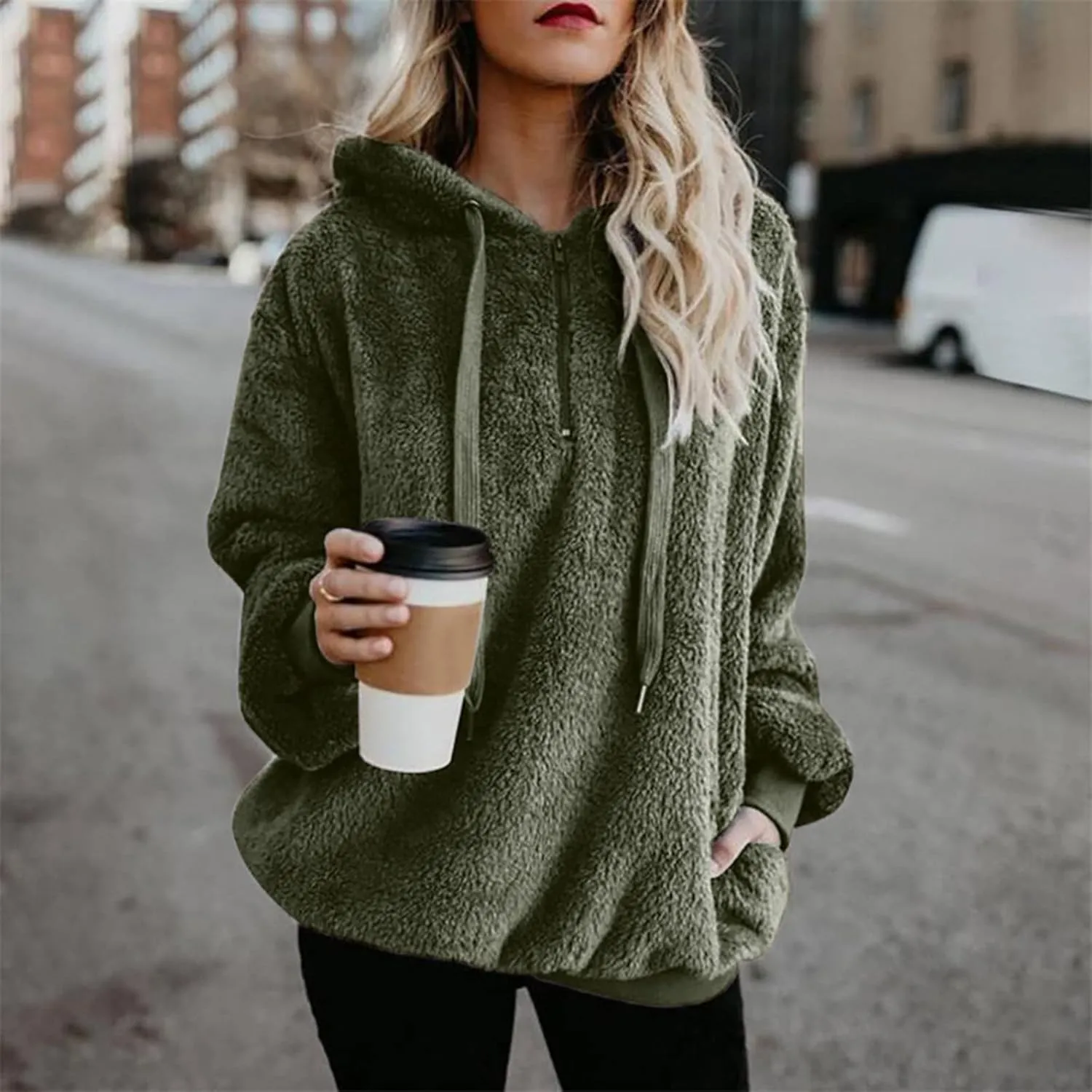 Womens Oversized Fuzzy Hoodie Winter Warm Sherpa Fleece Hooded Sweatshirts Cozy Zipper Fluffy Coat With Pockets