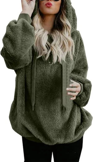 Womens Oversized Fuzzy Hoodie Winter Warm Sherpa Fleece Hooded Sweatshirts Cozy Zipper Fluffy Coat With Pockets