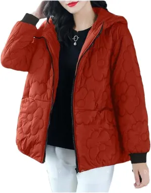 Women's Padded Coat Loose Zipper Pocket Winter Down Cotton-Padded Jacket Snow Cotton-Padded Coat Hooded Coa