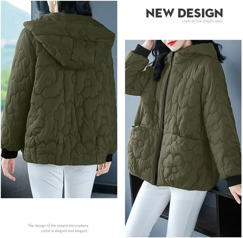 Women's Padded Coat Loose Zipper Pocket Winter Down Cotton-Padded Jacket Snow Cotton-Padded Coat Hooded Coa
