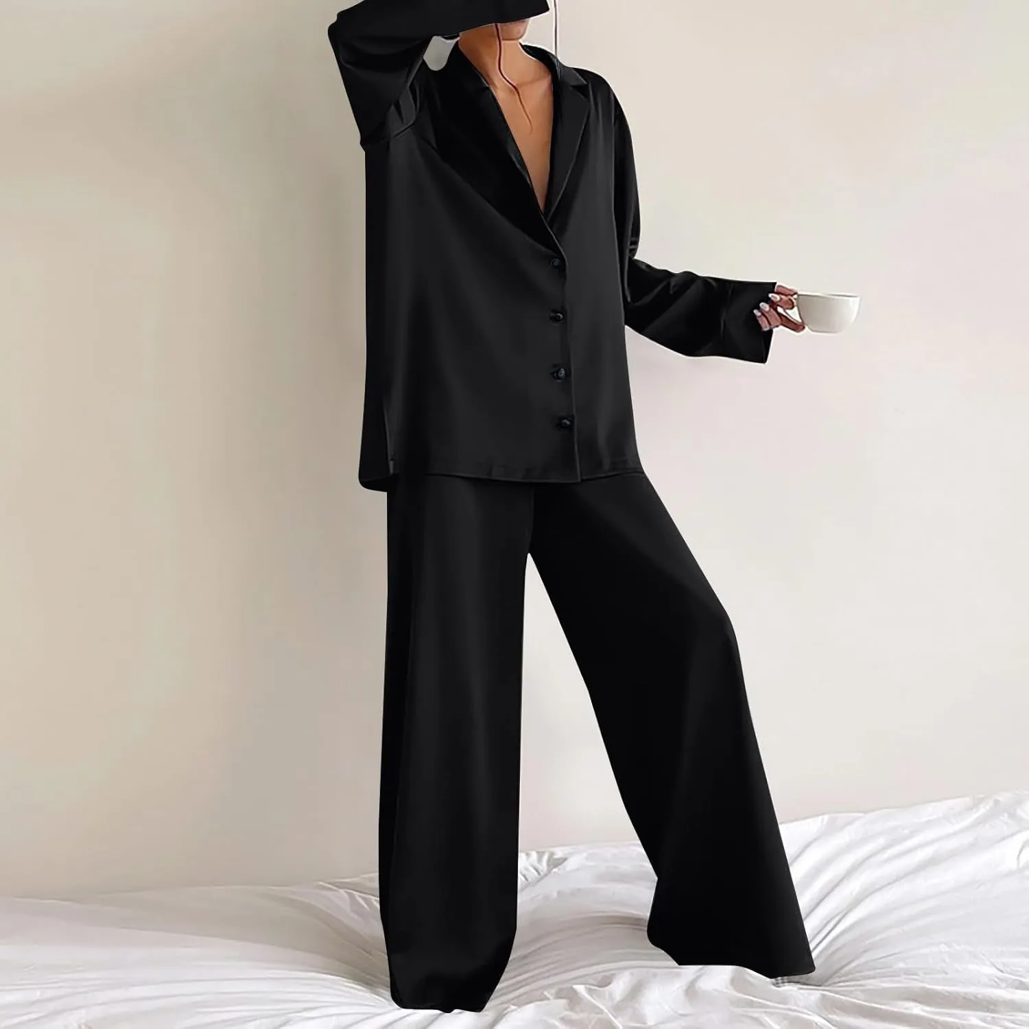 Women's Pajama Pants Solid V-Neck Long Sleeved Pajama Home Set Silk, S-XL