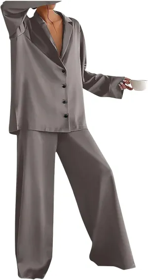 Women's Pajama Pants Solid V-Neck Long Sleeved Pajama Home Set Silk, S-XL
