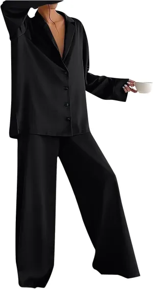 Women's Pajama Pants Solid V-Neck Long Sleeved Pajama Home Set Silk, S-XL