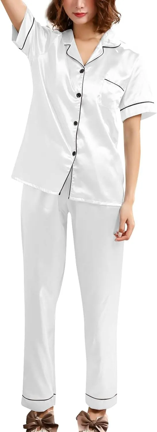 Women's Pajama Pants Solid V-Neck Long Sleeved Pajama Home Set Silk, S-XL