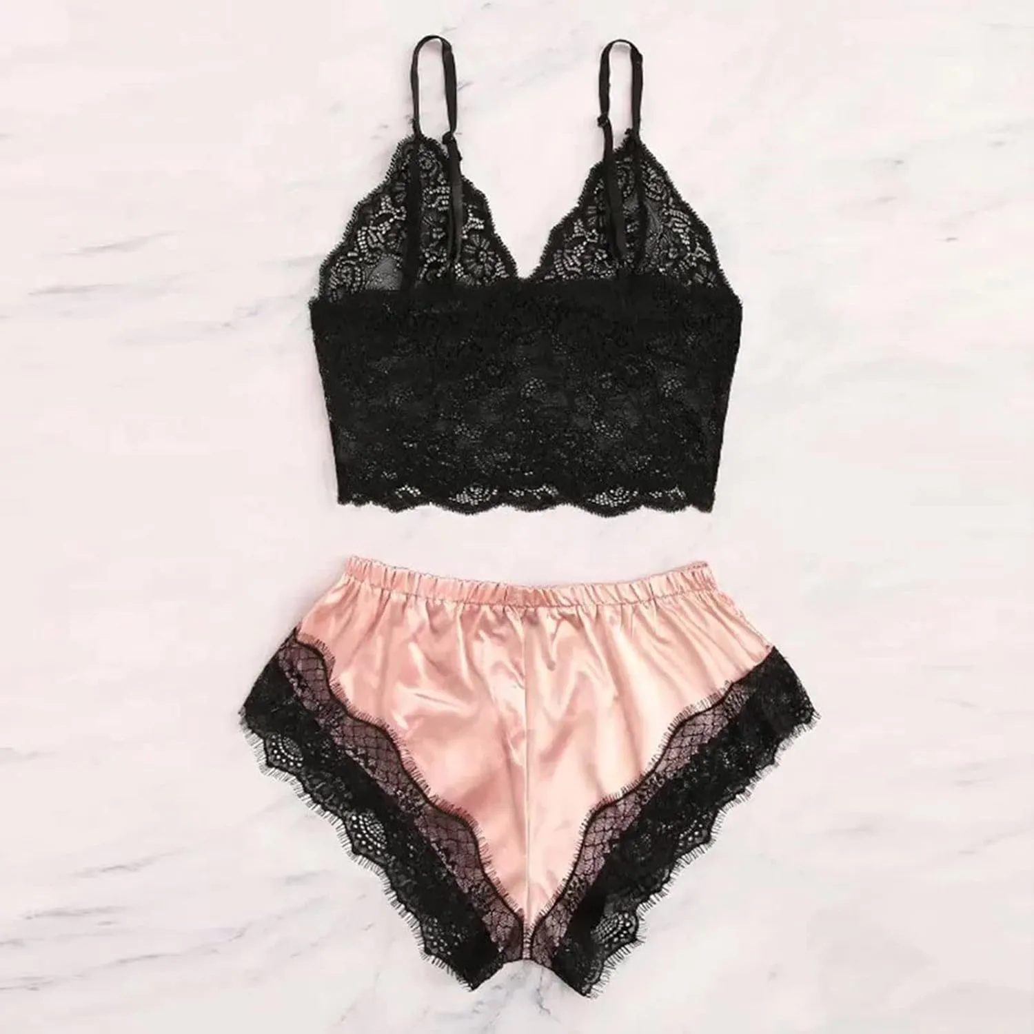 Womens Pajamas Lingerie Set Sexy Floral Lace Sleepwear Camisole and Satin Panty 2 Piece Nightwear Pjs Lounge Sets