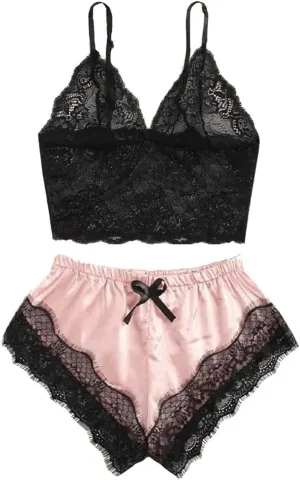 Womens Pajamas Lingerie Set Sexy Floral Lace Sleepwear Camisole and Satin Panty 2 Piece Nightwear Pjs Lounge Sets