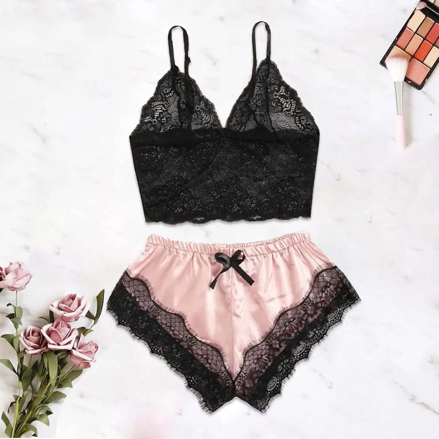 Womens Pajamas Lingerie Set Sexy Floral Lace Sleepwear Camisole and Satin Panty 2 Piece Nightwear Pjs Lounge Sets