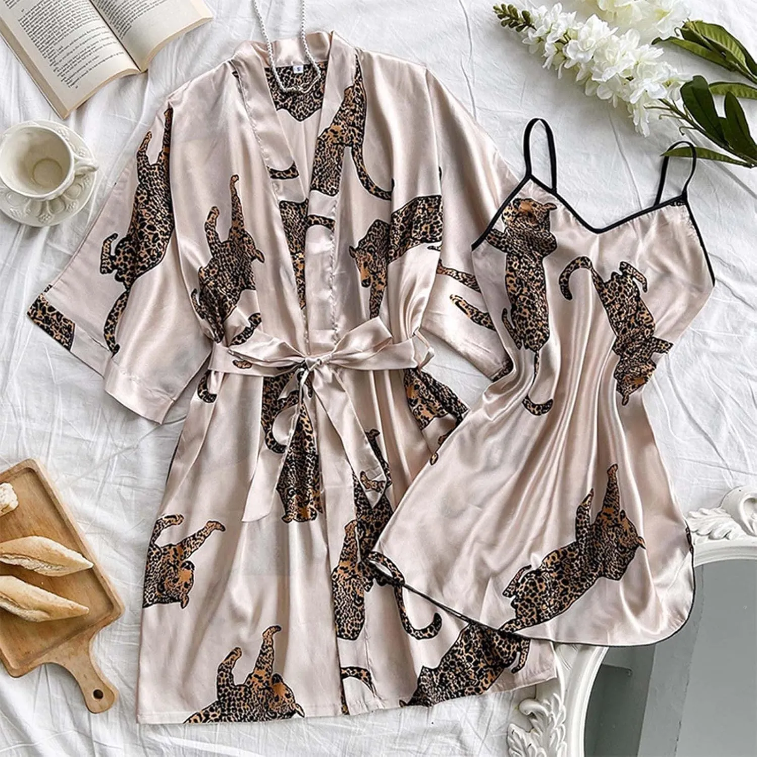 Womens Pajamas Set Soft Comfy Short Spa Robe V-Neck Sleepwear Robes Sets Fashion 2024 Printed Casual Nightwear