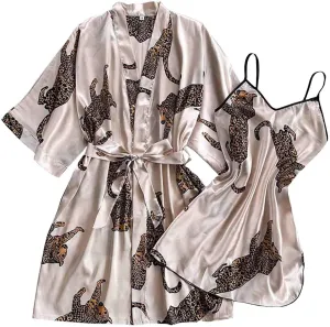 Womens Pajamas Set Soft Comfy Short Spa Robe V-Neck Sleepwear Robes Sets Fashion 2024 Printed Casual Nightwear