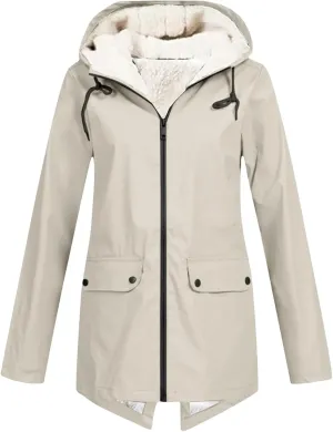 Women's Plus Size Plush Rain Jacket Outdoor Stripe Hooded Cotton Padded Jacket Mid-Length Cotton Coat Beige
