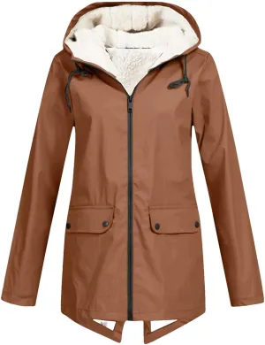 Women's Plus Size Plush Rain Jacket Outdoor Stripe Hooded Cotton Padded Jacket Mid-Length Cotton Coat Coffee