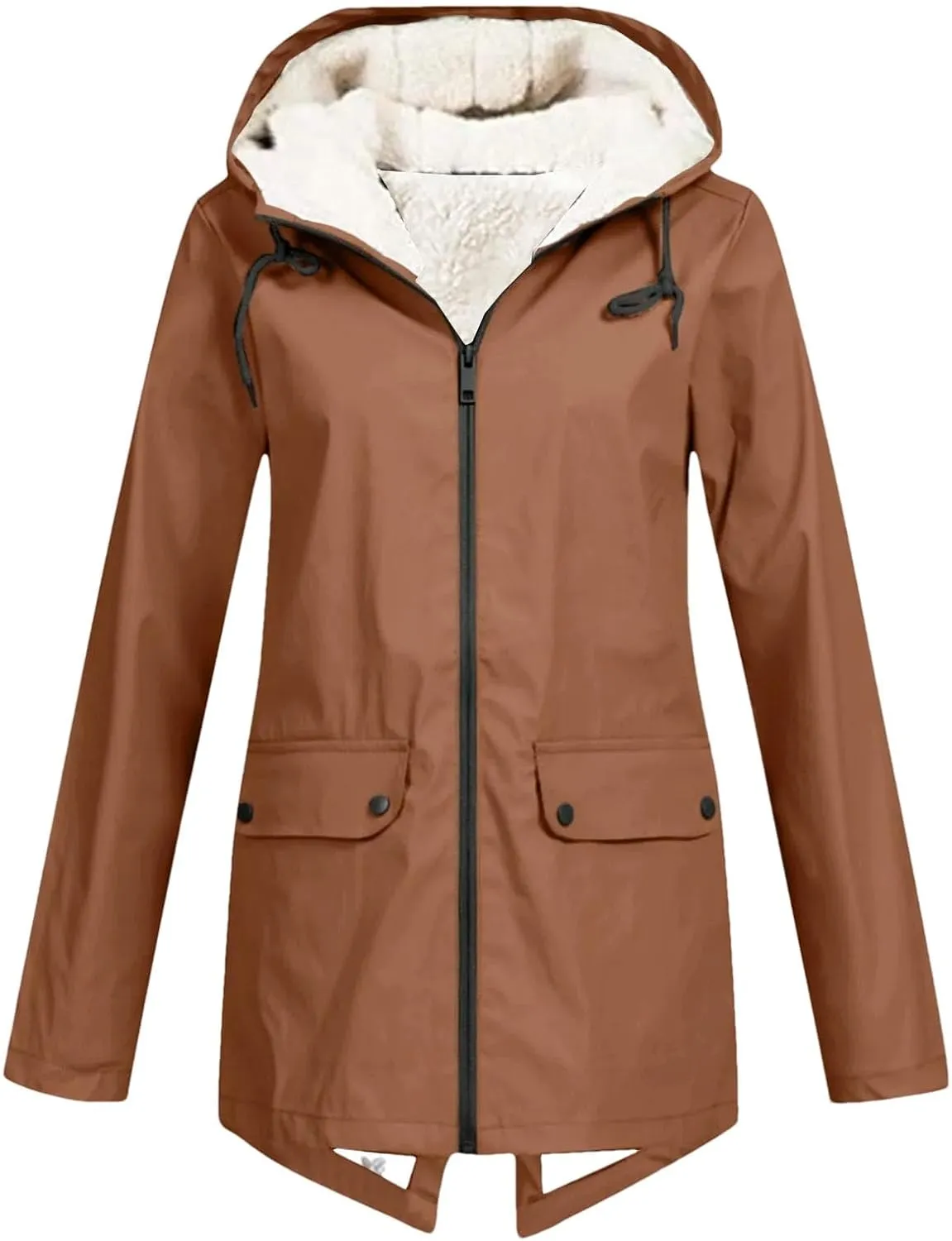 Women's Plus Size Plush Rain Jacket Outdoor Stripe Hooded Cotton Padded Jacket Mid-Length Cotton Coat Coffee