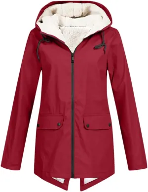 Women's Plus Size Plush Rain Jacket Outdoor Stripe Hooded Cotton Padded Jacket Mid-Length Cotton Coat Red
