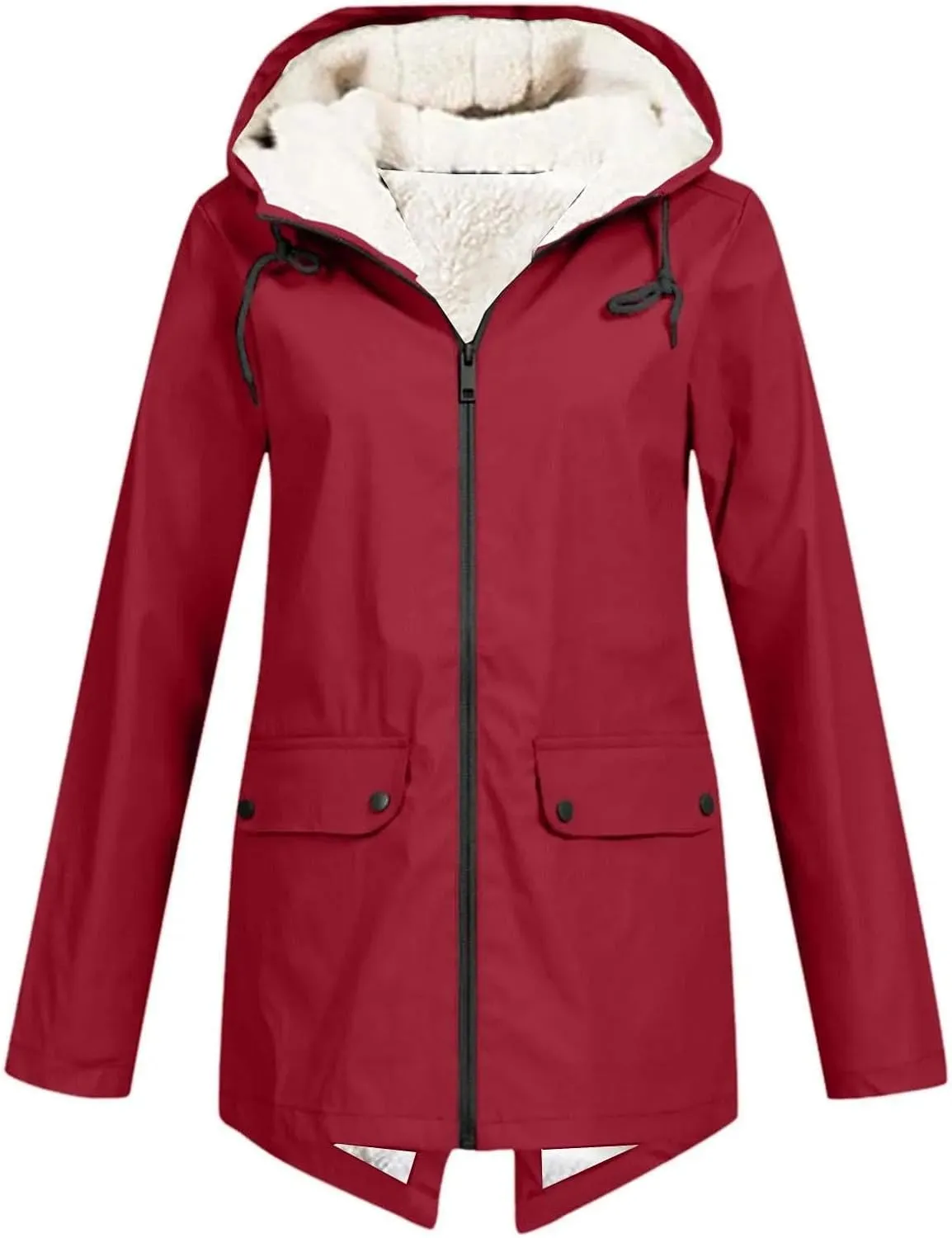 Women's Plus Size Plush Rain Jacket Outdoor Stripe Hooded Cotton Padded Jacket Mid-Length Cotton Coat Red