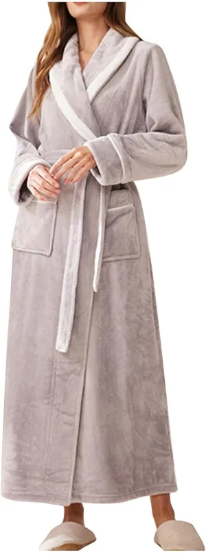 Women's Plush Bathrobe, Flannel Long Pajama Robe with Belt Fleece Solid Color Nightgown Soft Sleepwear Warm Nightwear