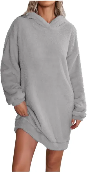 Women's Plush Hoodie Sweatshirt Dress, Casual Shaggy Pullover Fuzzy Nightgown Cozy Soft Slouchy Sleepwear