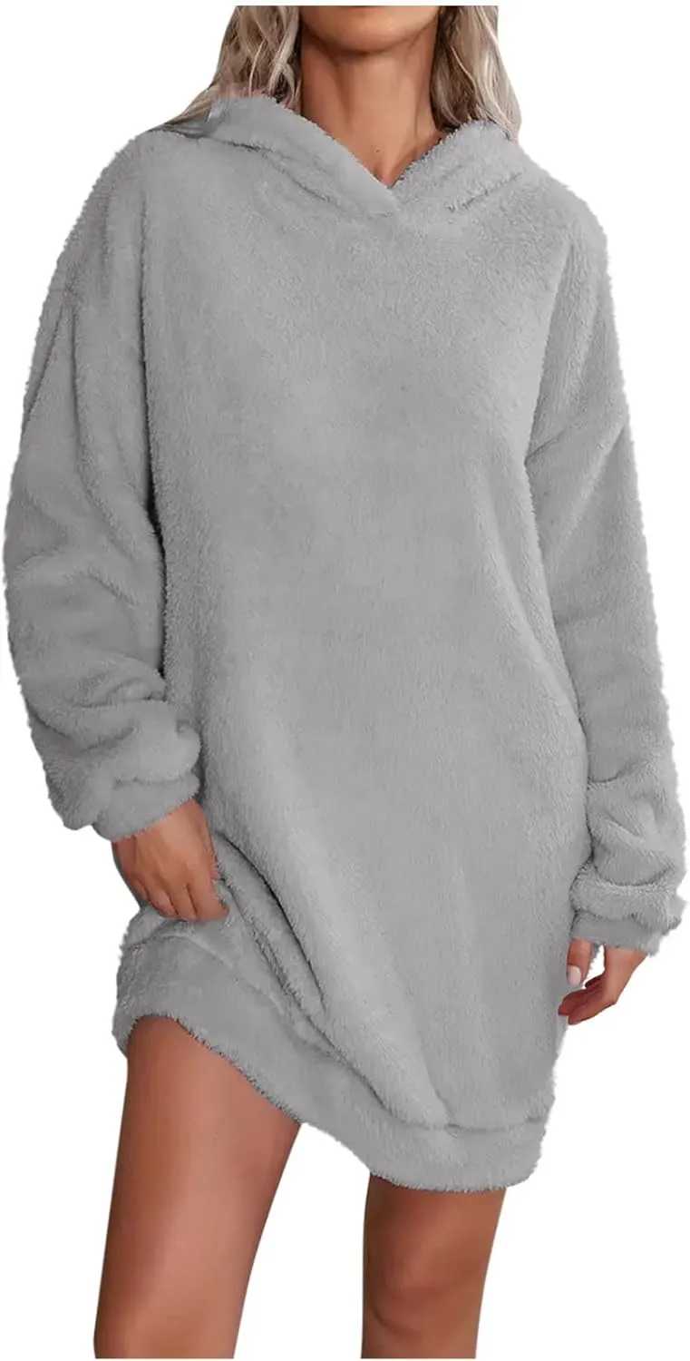 Women's Plush Hoodie Sweatshirt Dress, Casual Shaggy Pullover Fuzzy Nightgown Cozy Soft Slouchy Sleepwear