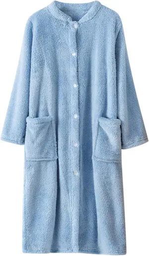 Women's Plush Long Robe Soft Bathrobe Warm Long Sleeve Button Up Housecoat Fuzzy Fleece SPA Bath Robe with Pockets