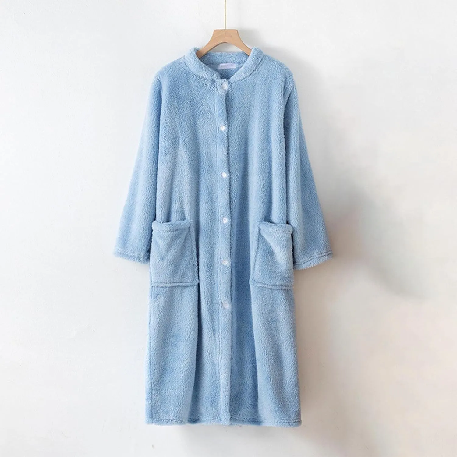 Women's Plush Long Robe Soft Bathrobe Warm Long Sleeve Button Up Housecoat Fuzzy Fleece SPA Bath Robe with Pockets
