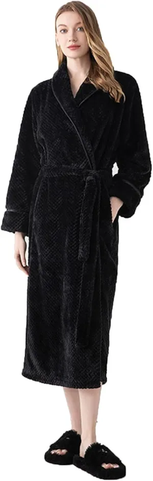 Womens Plush Robe Shawl Collar Soft Cozy Fluffy Fleece Robe Long Warm Bathrobes Comfy Loungewear Sleepwear with Belt
