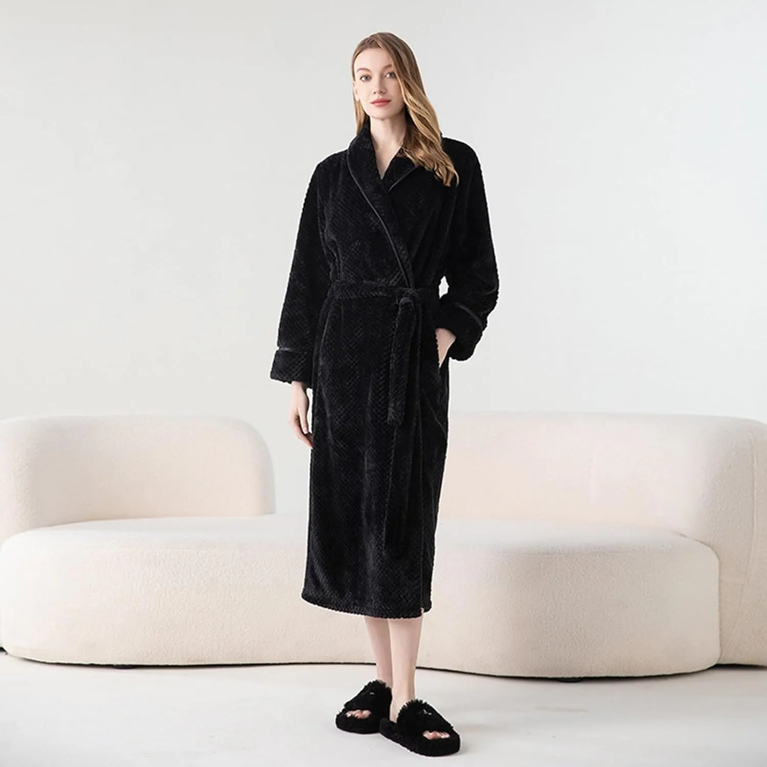 Womens Plush Robe Shawl Collar Soft Cozy Fluffy Fleece Robe Long Warm Bathrobes Comfy Loungewear Sleepwear with Belt