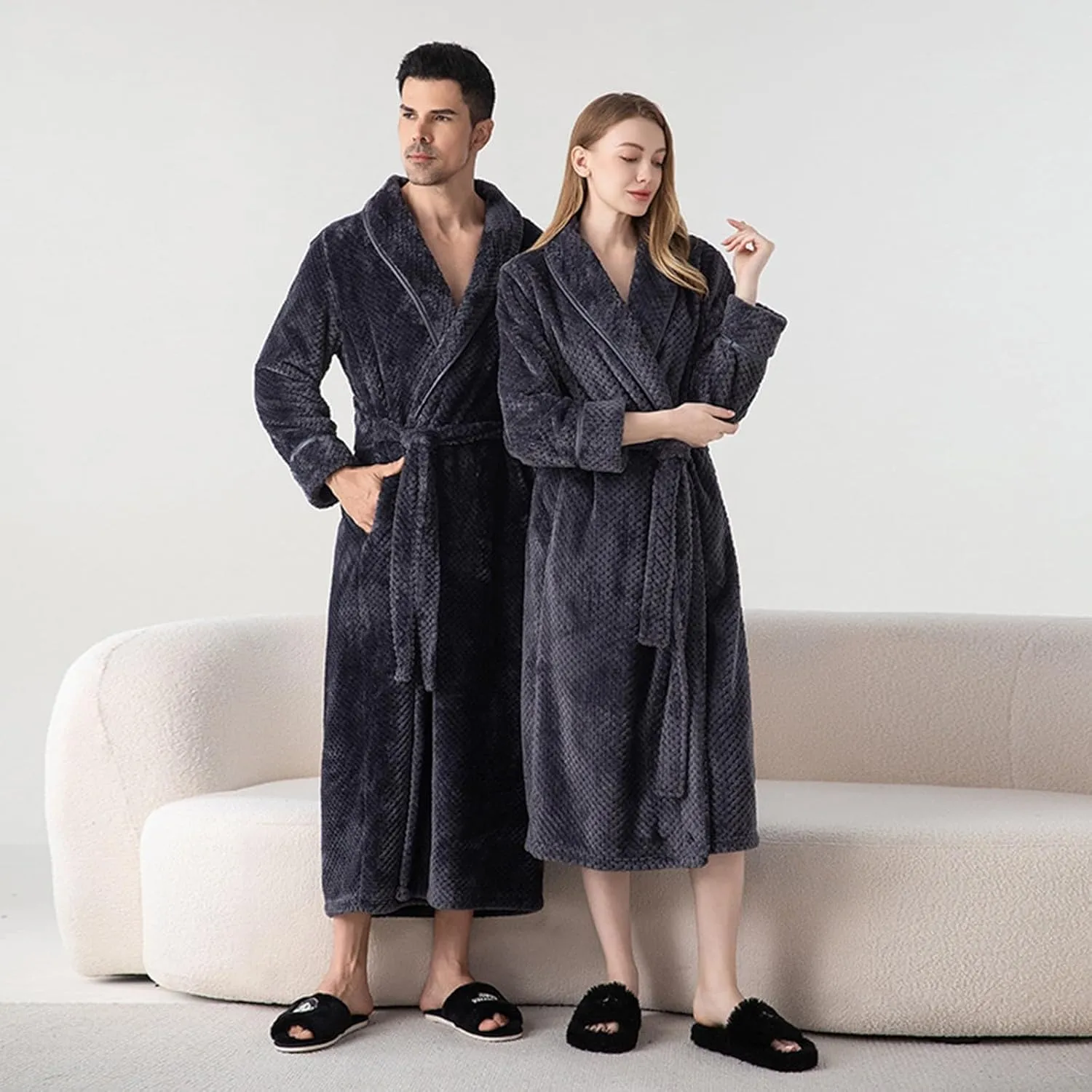 Womens Plush Robe Shawl Collar Soft Cozy Fluffy Fleece Robe Long Warm Bathrobes Comfy Loungewear Sleepwear with Belt