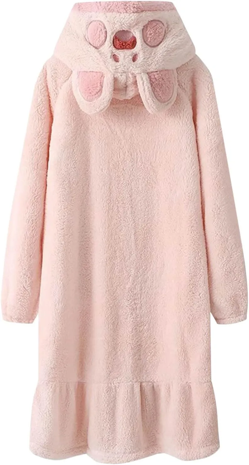 Womens Plush Robe, Soft Fluffy Bathrobe Cute Cat Paw Robe Winter Button Down Warm Loungewear Cozy Flannel Nightgown
