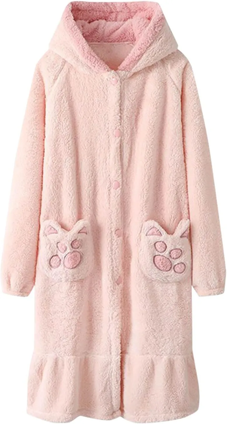 Womens Plush Robe, Soft Fluffy Bathrobe Cute Cat Paw Robe Winter Button Down Warm Loungewear Cozy Flannel Nightgown