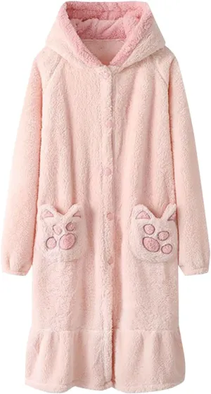 Womens Plush Robe, Soft Fluffy Bathrobe Cute Cat Paw Robe Winter Button Down Warm Loungewear Cozy Flannel Nightgown
