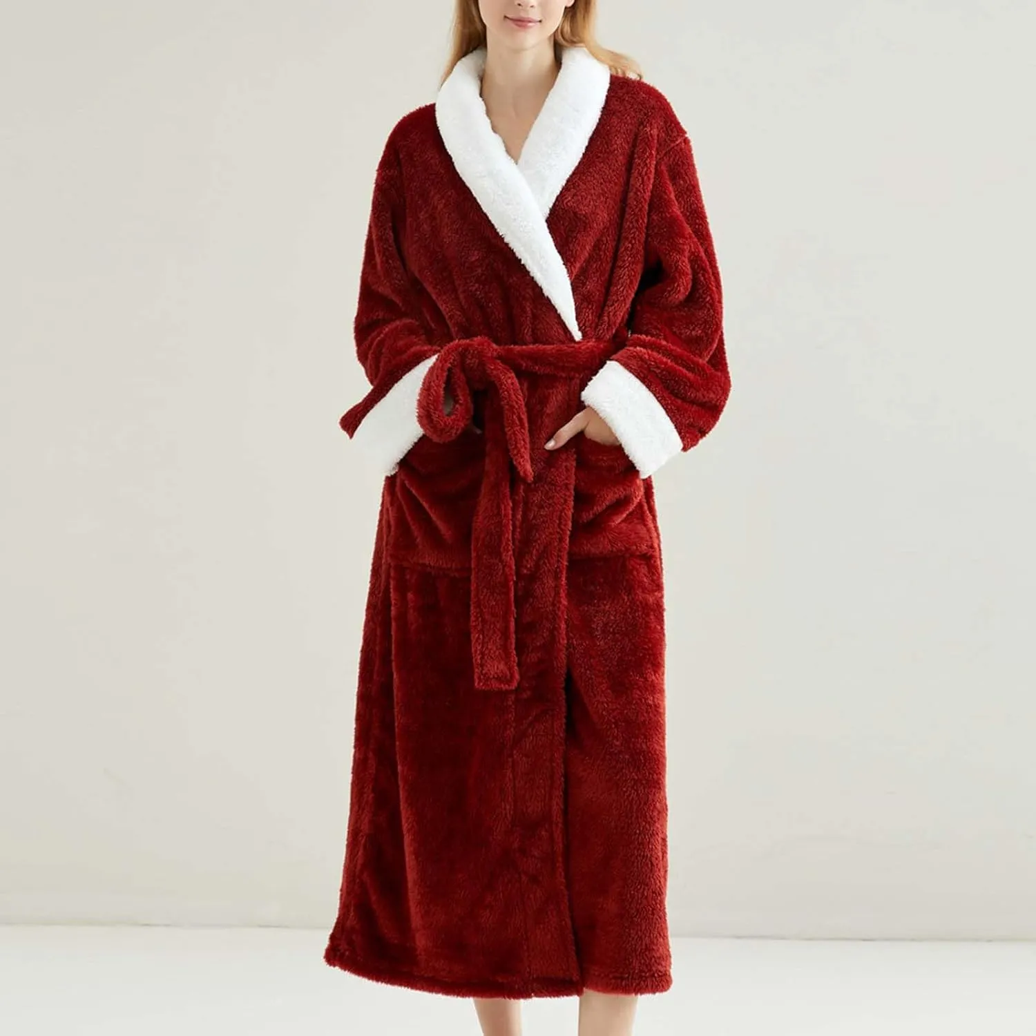 Womens Plush Robes Soft Cozy Warm Long Bathrobe Fluffy Fuzzy Fleece Winter Nightgown Belted Loungewear with Pockets