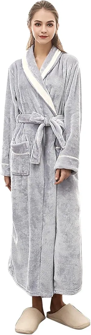 Womens Plush Soft Robe Fluffy Soft Plush Knee Length Spa Robe Flannel Long Robe Sherpa Shaggy Bathrobe