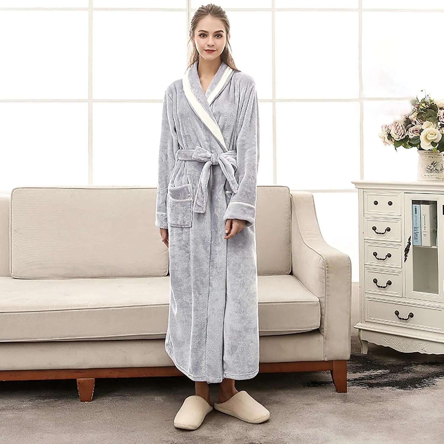 Womens Plush Soft Robe Fluffy Soft Plush Knee Length Spa Robe Flannel Long Robe Sherpa Shaggy Bathrobe