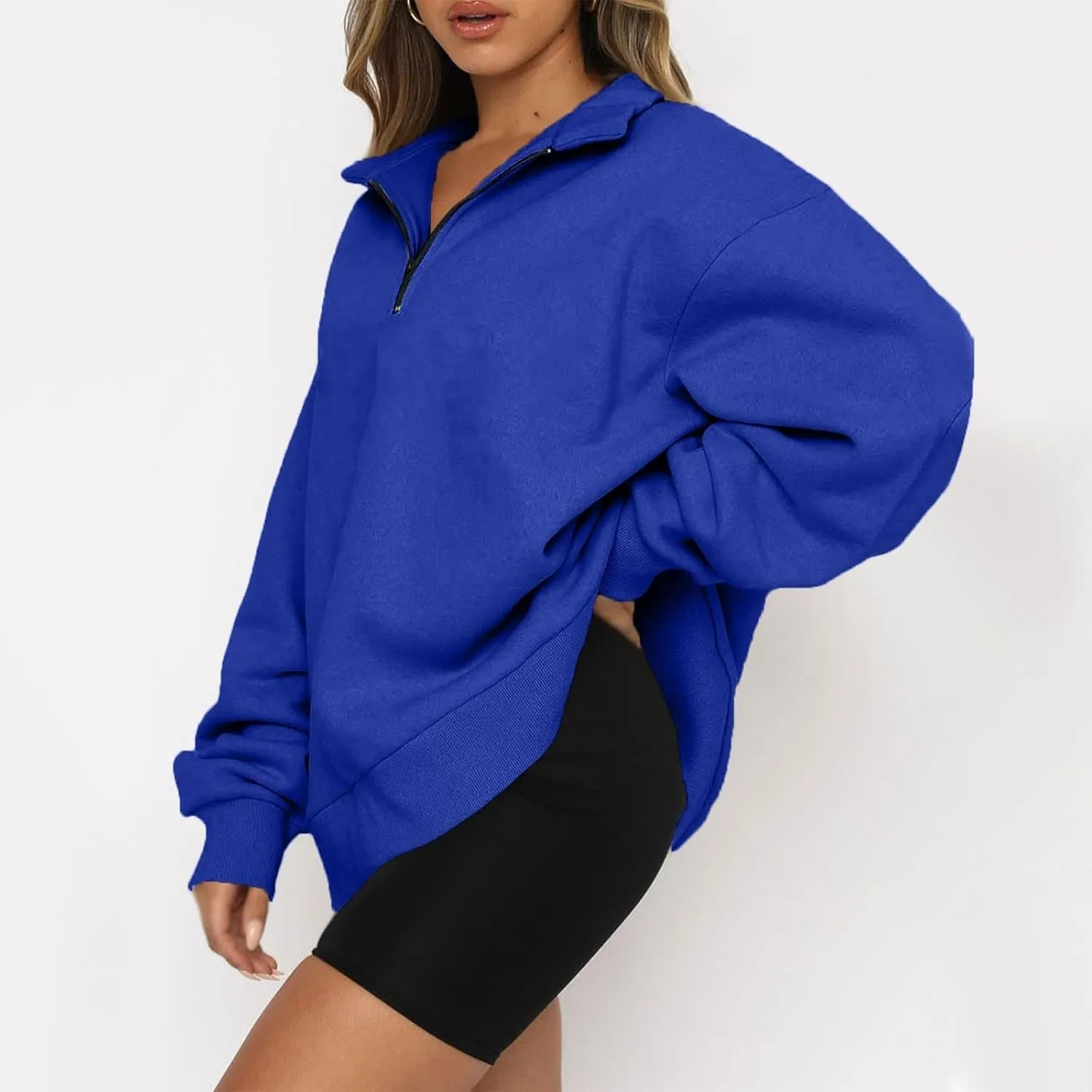 Womens Quarter Zip Trendy Sweatshirts Plain Oversized Long Sleeve Loose Fit Casual Pullover Tops Fall Y2K Clothes