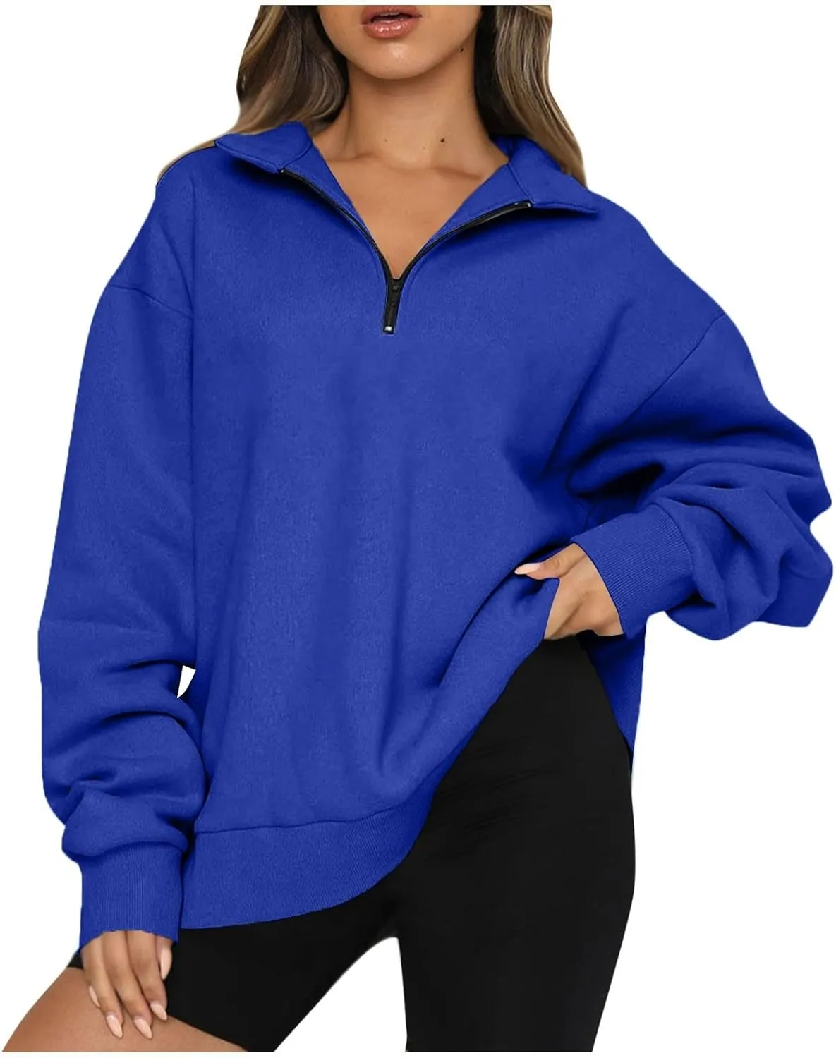 Womens Quarter Zip Trendy Sweatshirts Plain Oversized Long Sleeve Loose Fit Casual Pullover Tops Fall Y2K Clothes