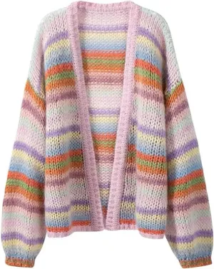 Women's Rainbow Striped Mohair Knitted Cardigan Long Loose Lazy Style Sweater Buttonless Coat