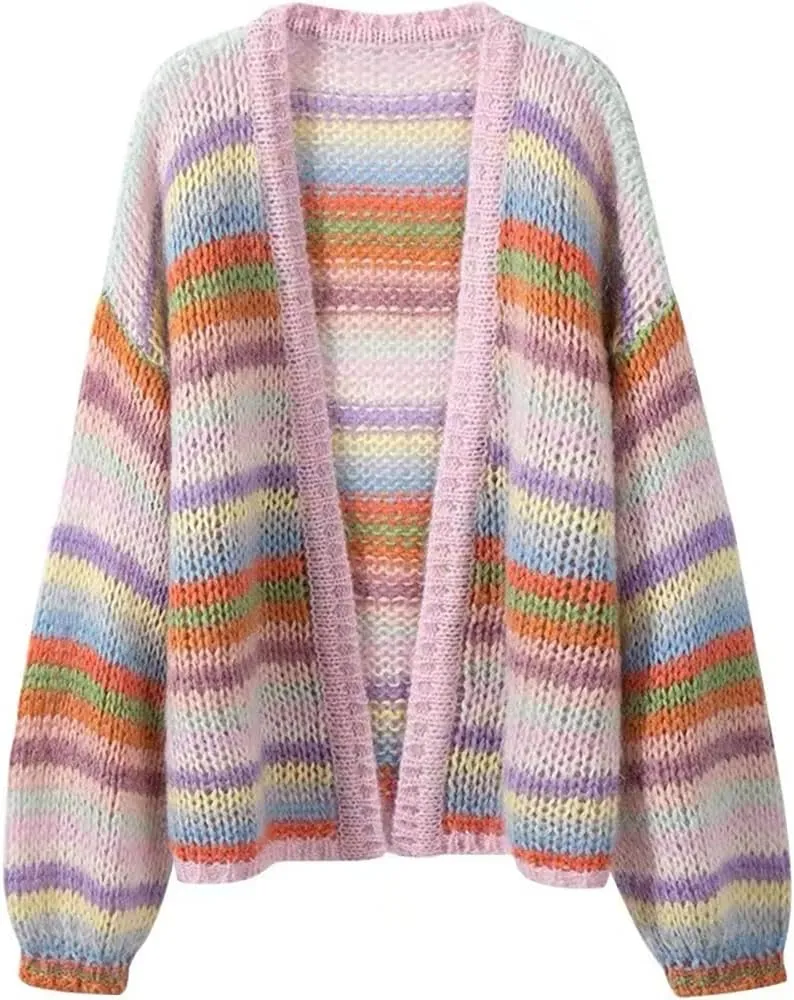 Women's Rainbow Striped Mohair Knitted Cardigan Long Loose Lazy Style Sweater Buttonless Coat