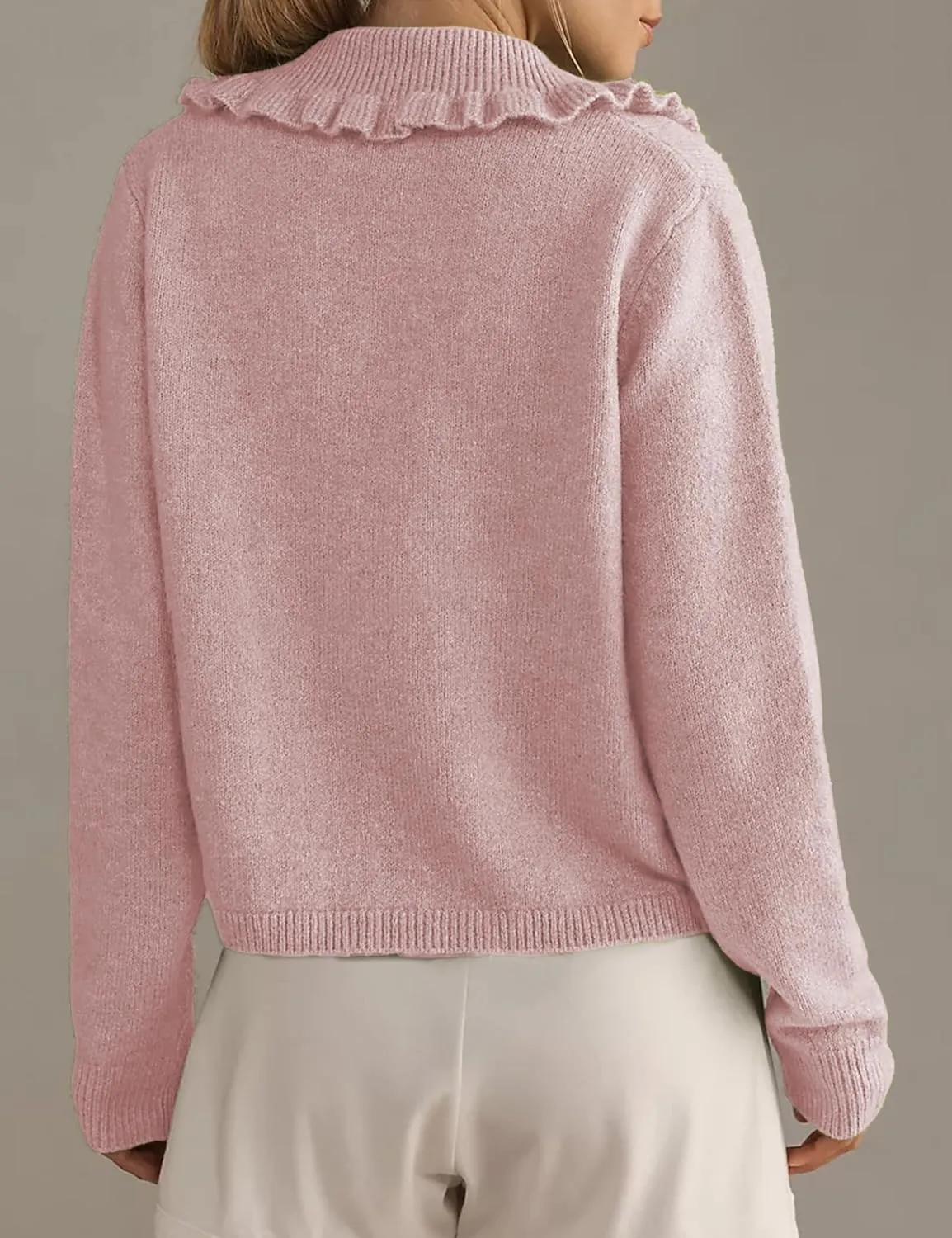 Womens Ruffle Cropped Sweater Open Front Outerwear Elegant Long Sleeve Knitted Cardigan Button Jacket Fall Tops