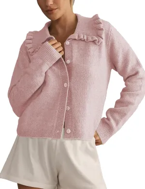 Womens Ruffle Cropped Sweater Open Front Outerwear Elegant Long Sleeve Knitted Cardigan Button Jacket Fall Tops