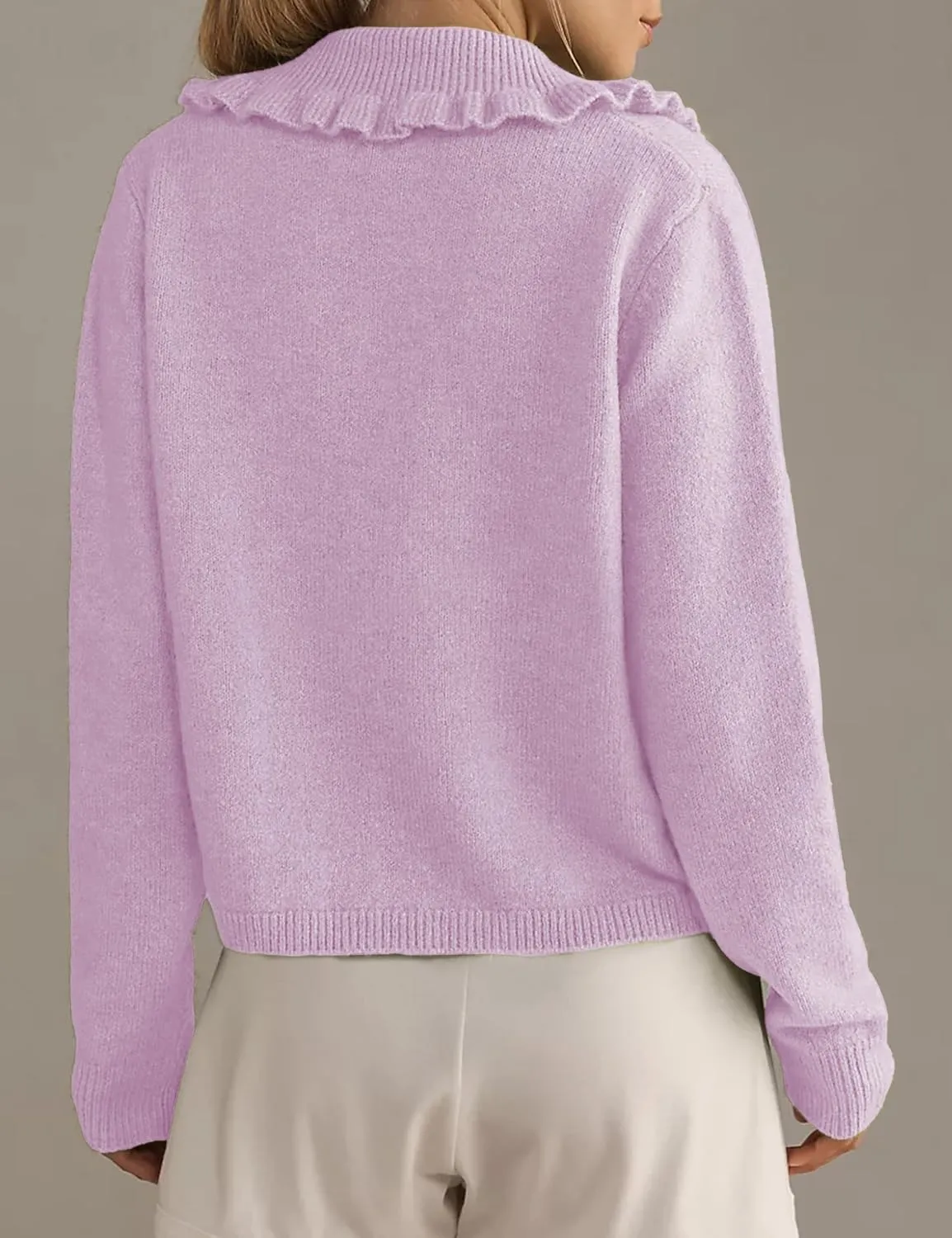 Womens Ruffle Cropped Sweater Open Front Outerwear Elegant Long Sleeve Knitted Cardigan Button Jacket Fall Tops