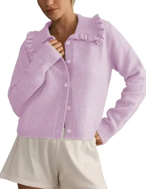 Womens Ruffle Cropped Sweater Open Front Outerwear Elegant Long Sleeve Knitted Cardigan Button Jacket Fall Tops