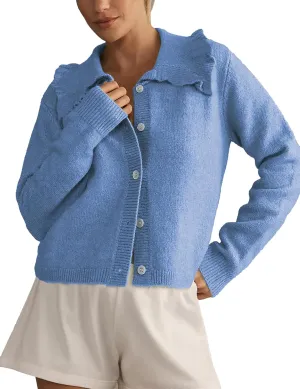 Womens Ruffle Cropped Sweater Open Front Outerwear Elegant Long Sleeve Knitted Cardigan Solid Button Jacket Fall Tops