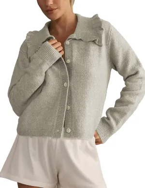 Womens Ruffle Cropped Sweater Open Front Outerwear Elegant Long Sleeve Knitted Cardigan Solid Button Jacket Fall Tops