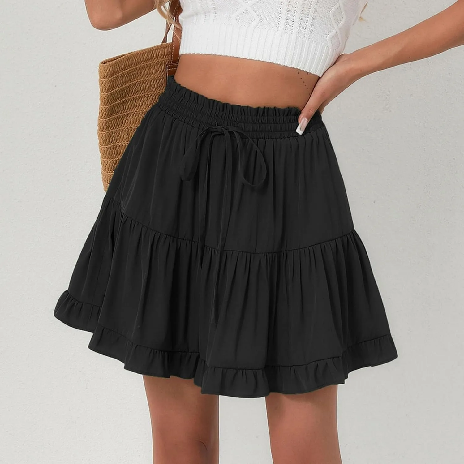 Womens Ruffles Mini Skirts Anti-Exposure Lined Lace up Elastic Waist Loose Comfy A-Line Pleated Skirt Tennis Skort