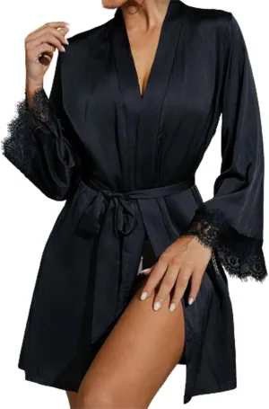 Women's Satin Bathrobe, Lace Sleepwear with Belt Long Sleeve Pajamas Robe Solid Color Soft Nightgown V-Neck Nightwear