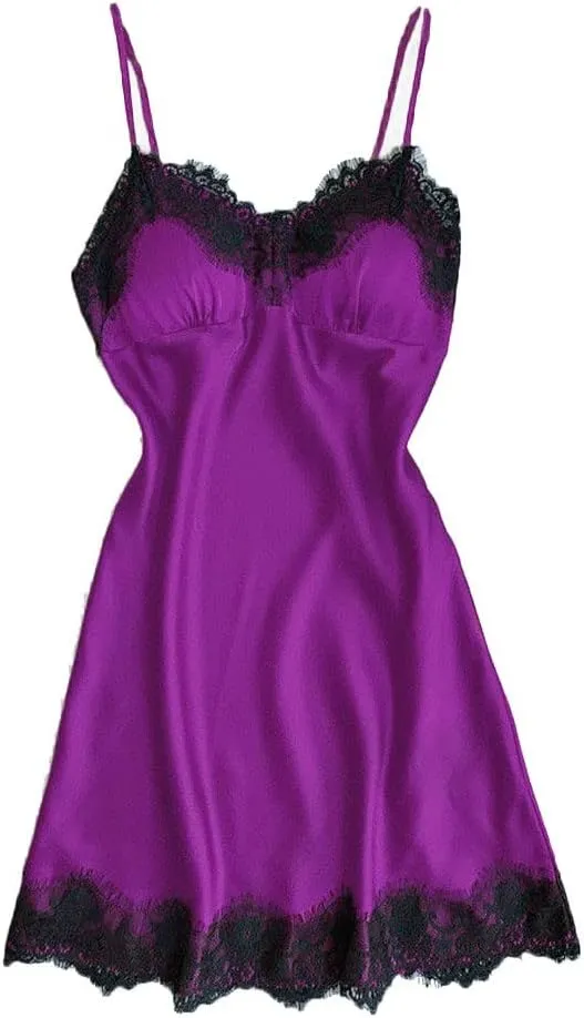 Women's Satin Lace Lingerie Nightgown Sexy Full Slips Chemise Mini Dress Silk Babydoll Nightwear Sleeveless Nighties