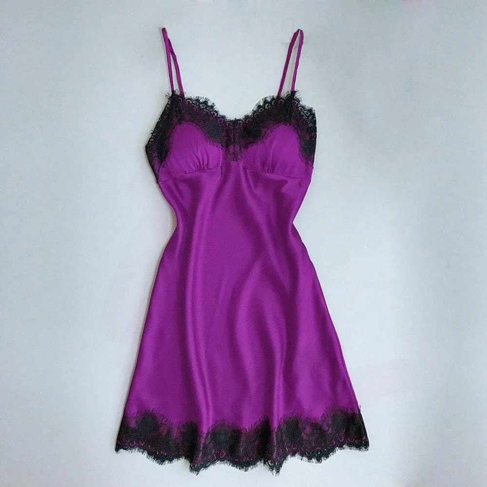Women's Satin Lace Lingerie Nightgown Sexy Full Slips Chemise Mini Dress Silk Babydoll Nightwear Sleeveless Nighties