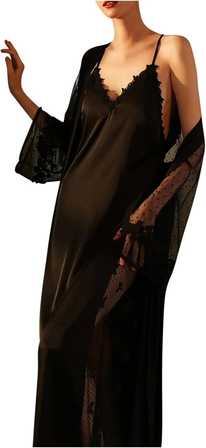 Women's Satin Pajamas Dress Lace Patchwork Nightgown Long Bathrobe Suspender Sleepwear Thin Nightwear Soft Loungewear